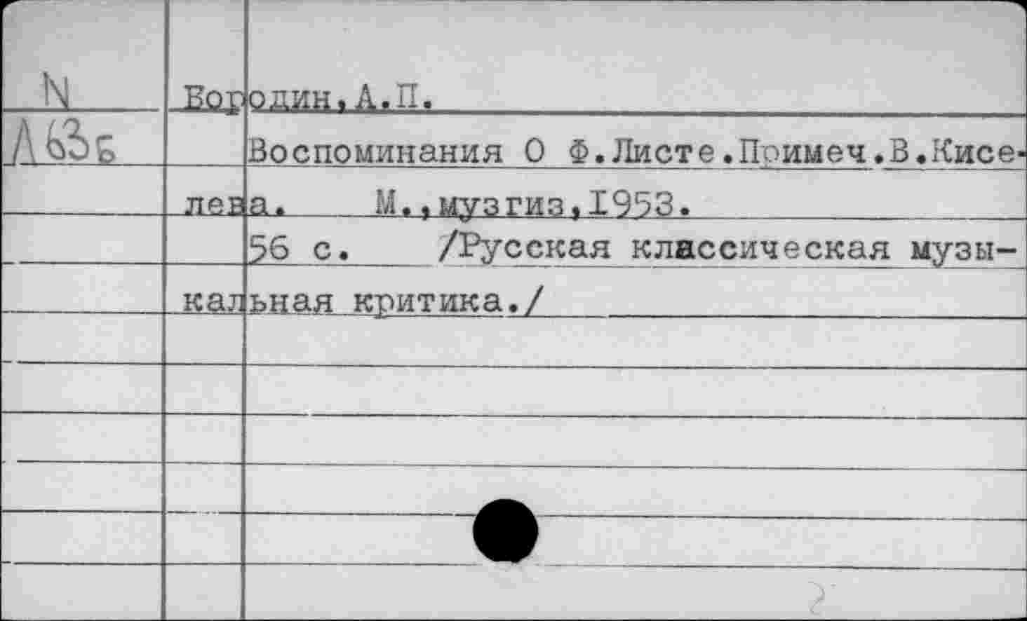 ﻿N	Вор	один.А.П.
		Воспоминания О Ф. Листе .Поимеч. В.Кисе-
	лев	а.	М.,музгиз,1953.
		56 с.	/Русская классическая музы-
	кал	ьнад критика./	
		
		
		
		
		
		